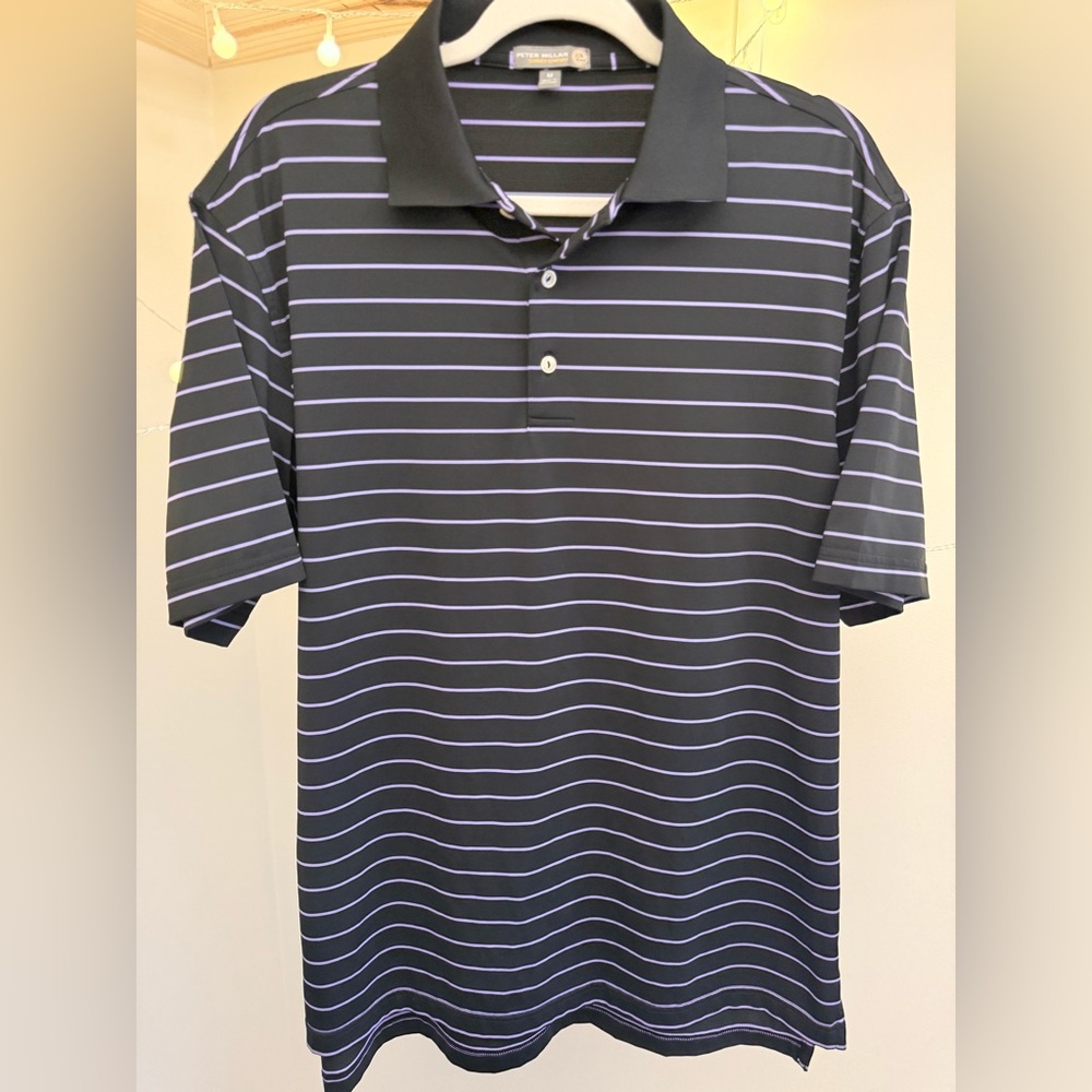 🌾 Peter Millar Summer‎ Comfort Black and Purple Striped Polo Shirt